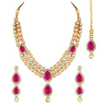 Aheli traditional rani pink kundan necklace earring maang tikka jewellery set 3