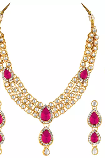 Aheli traditional rani pink kundan necklace earring maang tikka jewellery set