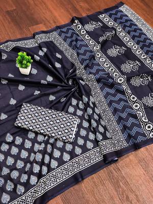 Indigo bloue piece with cotton printed saree 5