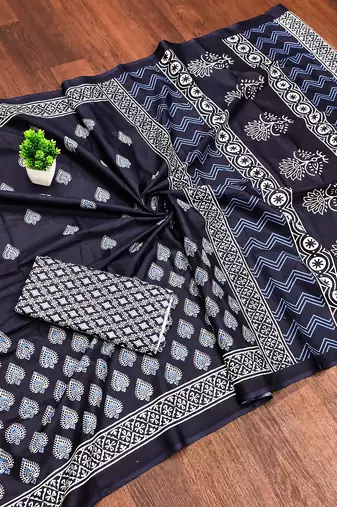 Indigo bloue piece with cotton printed saree