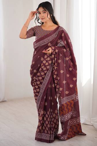 Maroon bloue piece with cotton printed saree