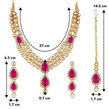 Aheli traditional rani pink kundan necklace earring maang tikka jewellery set 4