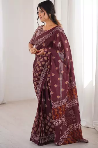 Maroon bloue piece with cotton printed saree