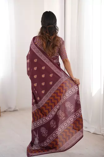 Maroon bloue piece with cotton printed saree