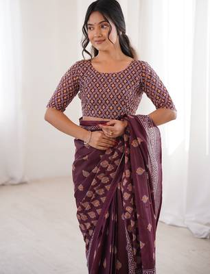 Maroon bloue piece with cotton printed saree 4