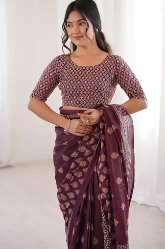 Maroon bloue piece with cotton printed saree