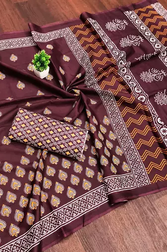 Maroon bloue piece with cotton printed saree