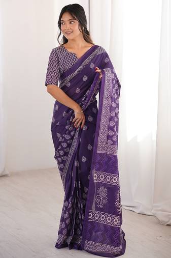 Purple bloue piece with cotton printed saree
