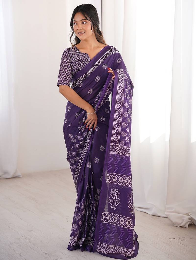 Purple bloue piece with cotton printed saree