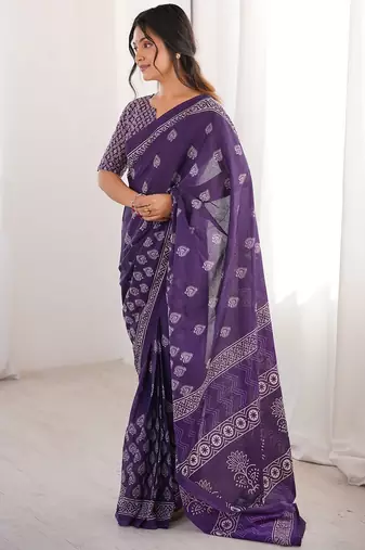 Purple bloue piece with cotton printed saree