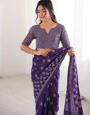 Purple bloue piece with cotton printed saree 4