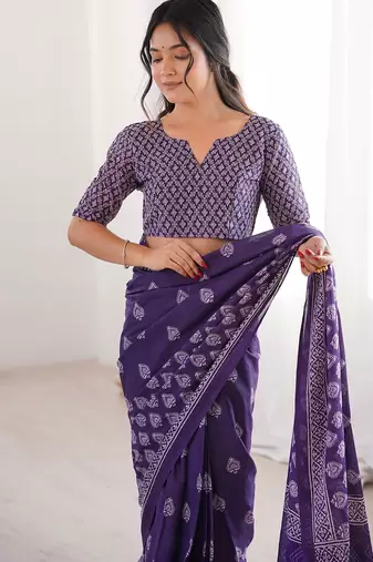 Purple bloue piece with cotton printed saree