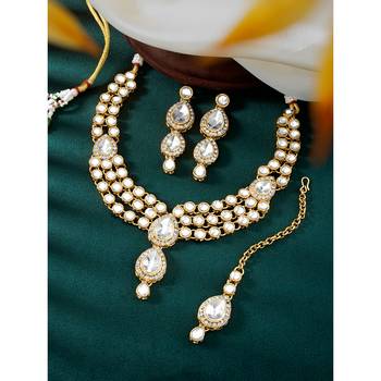 Aheli kundan long necklace with earring maang tikka jewellery set 1