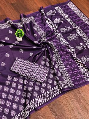 Purple bloue piece with cotton printed saree 5