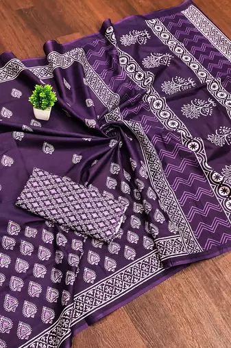 Purple bloue piece with cotton printed saree