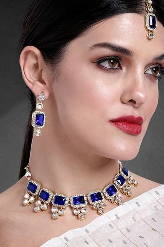 Aheli kundan blue crystal necklace earring maang tikka traditional jewellery set
