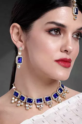 Aheli kundan blue crystal necklace earring maang tikka traditional jewellery set