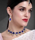 Aheli kundan blue crystal necklace earring maang tikka traditional jewellery set