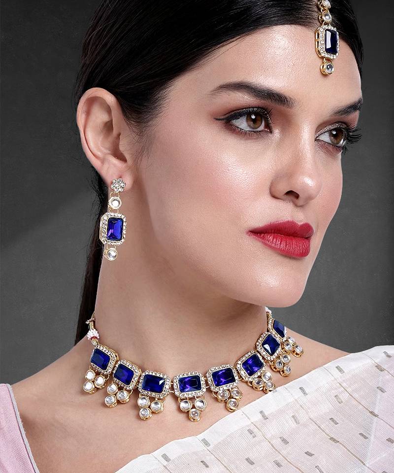 Aheli kundan blue crystal necklace earring maang tikka traditional jewellery set