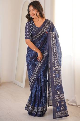 Indigo bloue piece with cotton printed saree