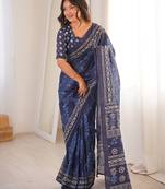 Indigo bloue piece with cotton printed saree