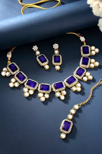 Aheli kundan blue crystal necklace earring maang tikka traditional jewellery set