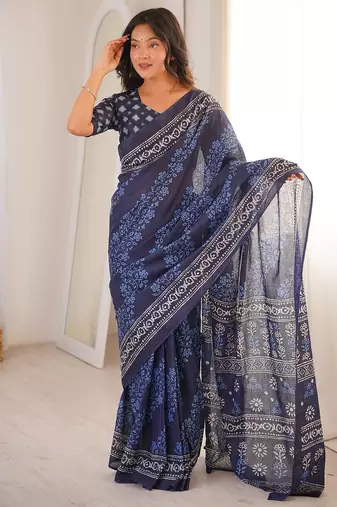 Indigo bloue piece with cotton printed saree