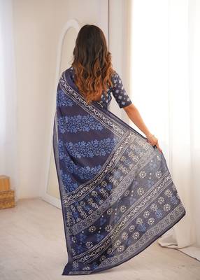 Indigo bloue piece with cotton printed saree 3