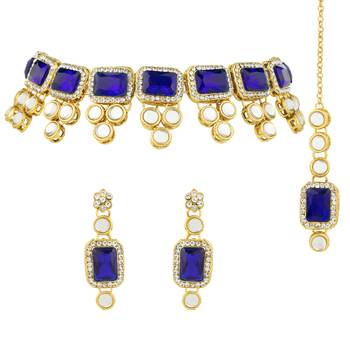 Aheli kundan blue crystal necklace earring maang tikka traditional jewellery set 3