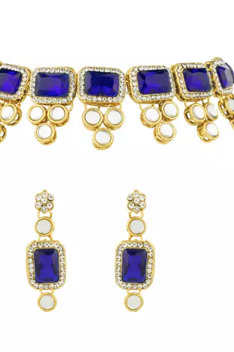 Aheli kundan blue crystal necklace earring maang tikka traditional jewellery set