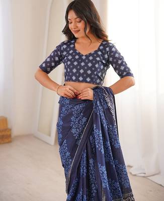 Indigo bloue piece with cotton printed saree 4