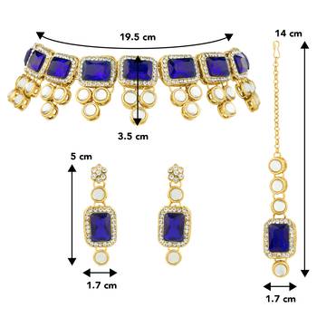 Aheli kundan blue crystal necklace earring maang tikka traditional jewellery set 4