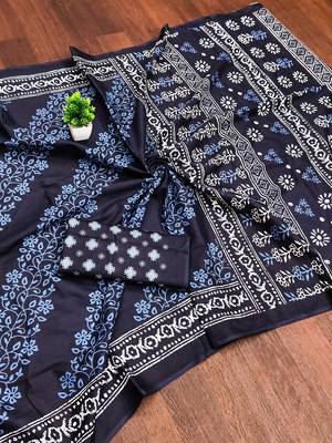 Indigo bloue piece with cotton printed saree 5