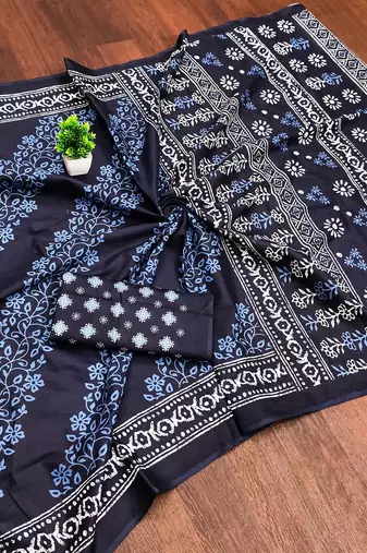 Indigo bloue piece with cotton printed saree