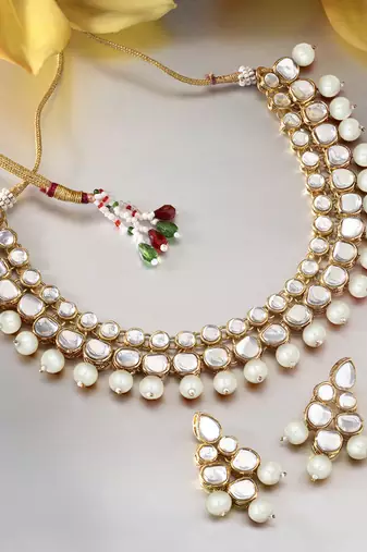 Aheli indian ethnic kundan white pearl traditional necklace jewellery set with earrings