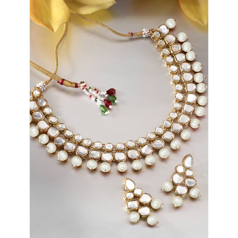 Aheli indian ethnic kundan white pearl traditional necklace jewellery set with earrings