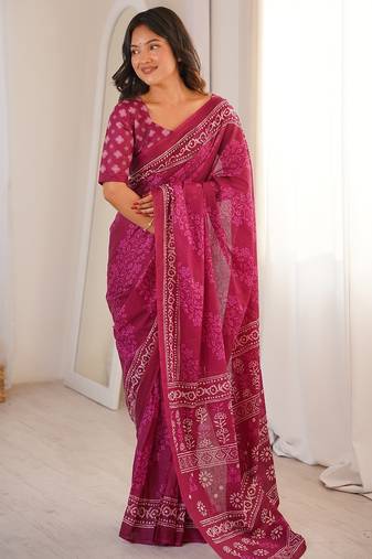 Pink bloue piece with cotton printed saree
