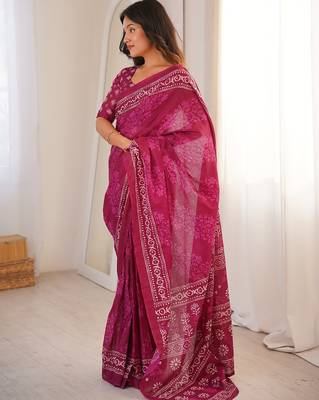 Pink bloue piece with cotton printed saree 2