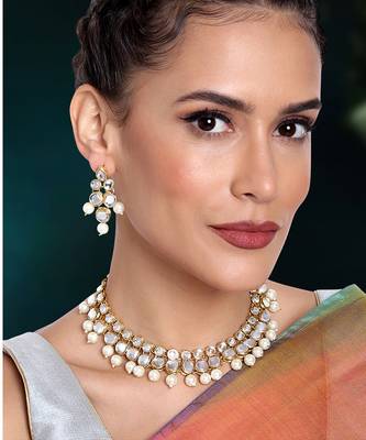 Aheli indian ethnic kundan white pearl traditional necklace jewellery set with earrings 2