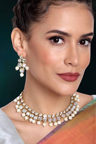 Aheli indian ethnic kundan white pearl traditional necklace jewellery set with earrings