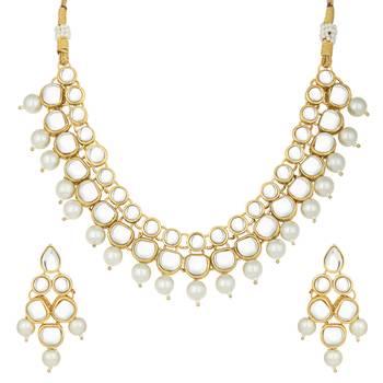 Aheli indian ethnic kundan white pearl traditional necklace jewellery set with earrings 3