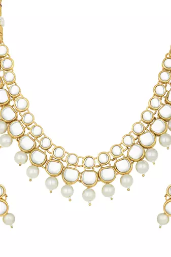 Aheli indian ethnic kundan white pearl traditional necklace jewellery set with earrings