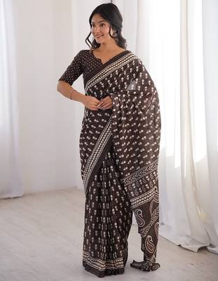 Brown bloue piece with cotton printed saree 1