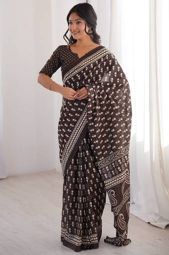 Brown bloue piece with cotton printed saree