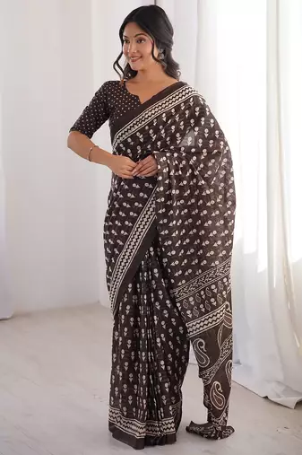 Brown bloue piece with cotton printed saree