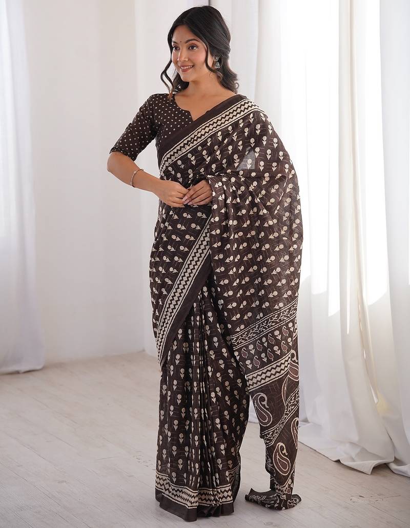 Brown bloue piece with cotton printed saree