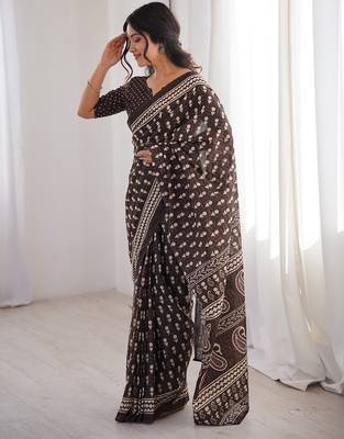 Brown bloue piece with cotton printed saree 2