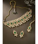 Aheli ethnic indian traditional jewellery kundan pearl green floral necklace earring mang tikka set