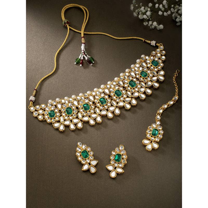 Aheli ethnic indian traditional jewellery kundan pearl green floral necklace earring mang tikka set