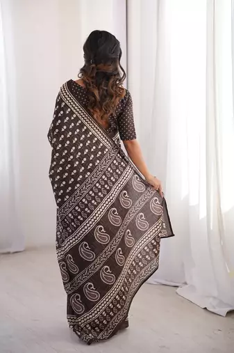 Brown bloue piece with cotton printed saree
